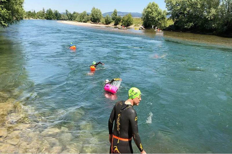 Schwimmerinnen und Schwimmer im Neoprenanzug mit Bojen in der Reuss